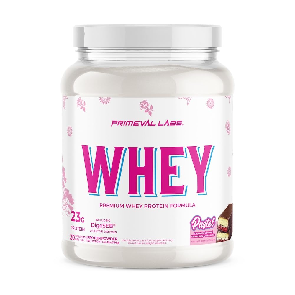 Primeval Labs Pure Whey bottle highlights high-protein support for post-workout recovery.