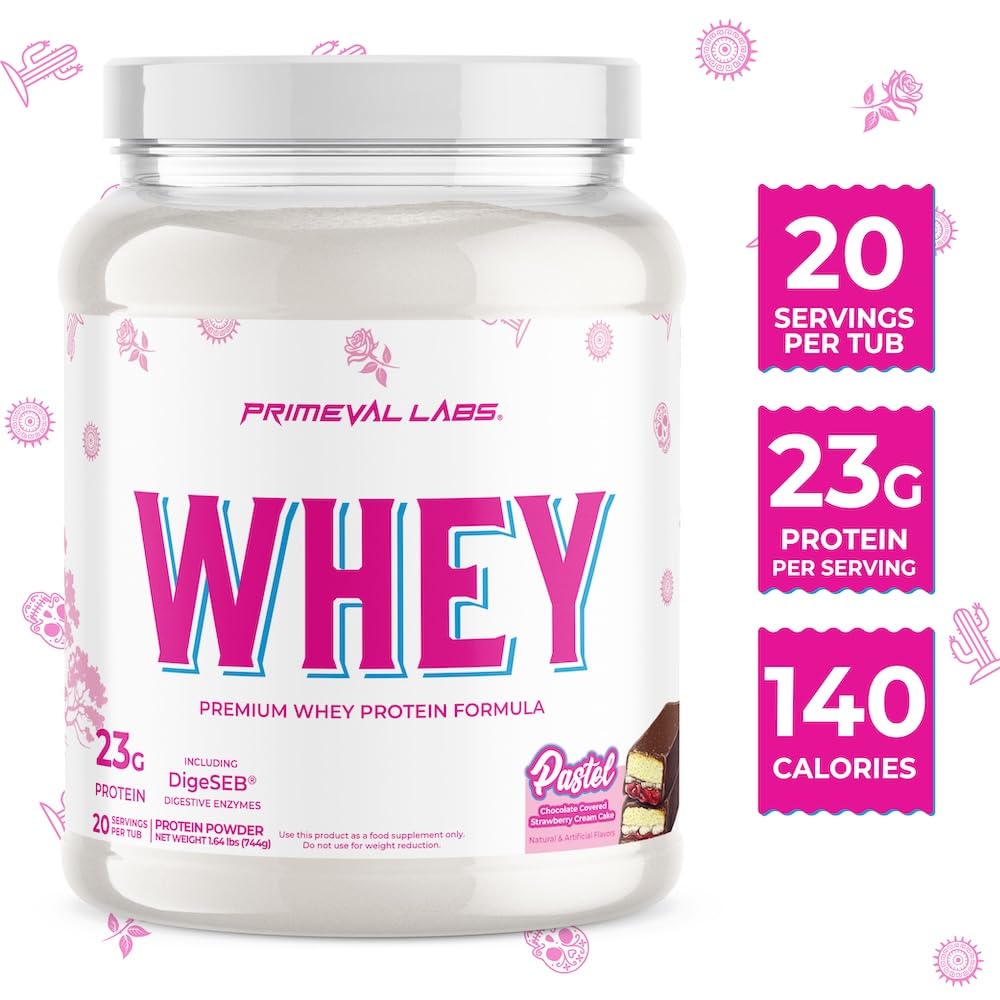Primeval Labs Pure Whey shaker suggests on-the-go protein between workouts.