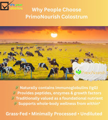 PrimoNourish colostrum powder pouring into coffee scene shows versatility.