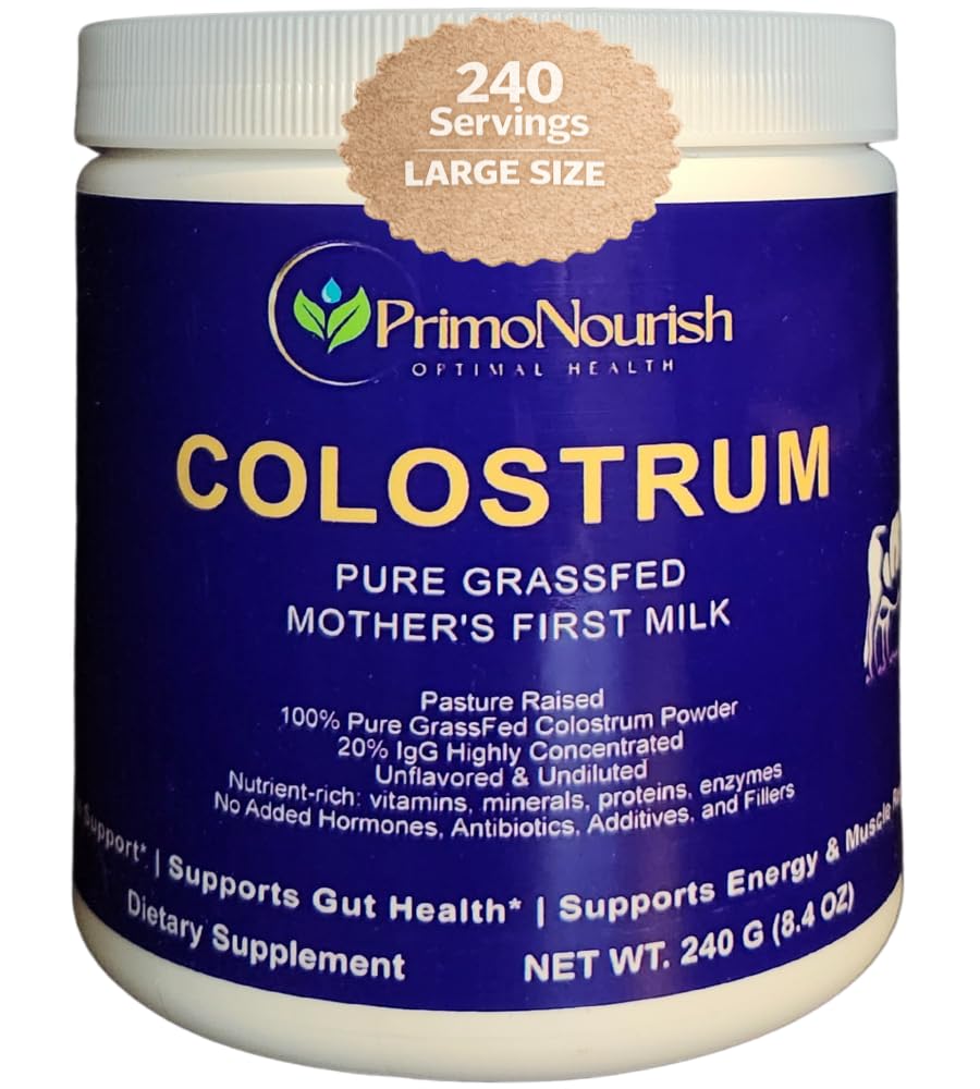 PrimoNourish grass-fed colostrum powder bottle shown for immune and gut support.