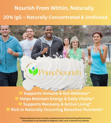 PrimoNourish colostrum powder scoop demonstrating easy daily use in smoothies.