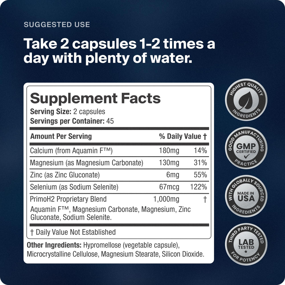 Red marine algae minerals in PrimoH2 support trace mineral intake for wellness.