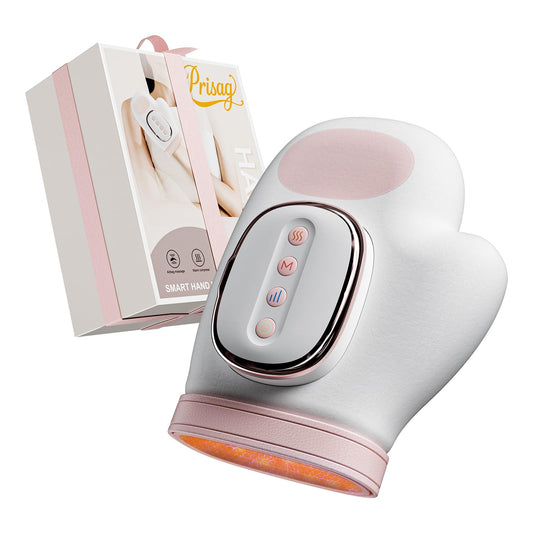 Prisag hand massager with heat-compression highlights a wellness session for tense hands.