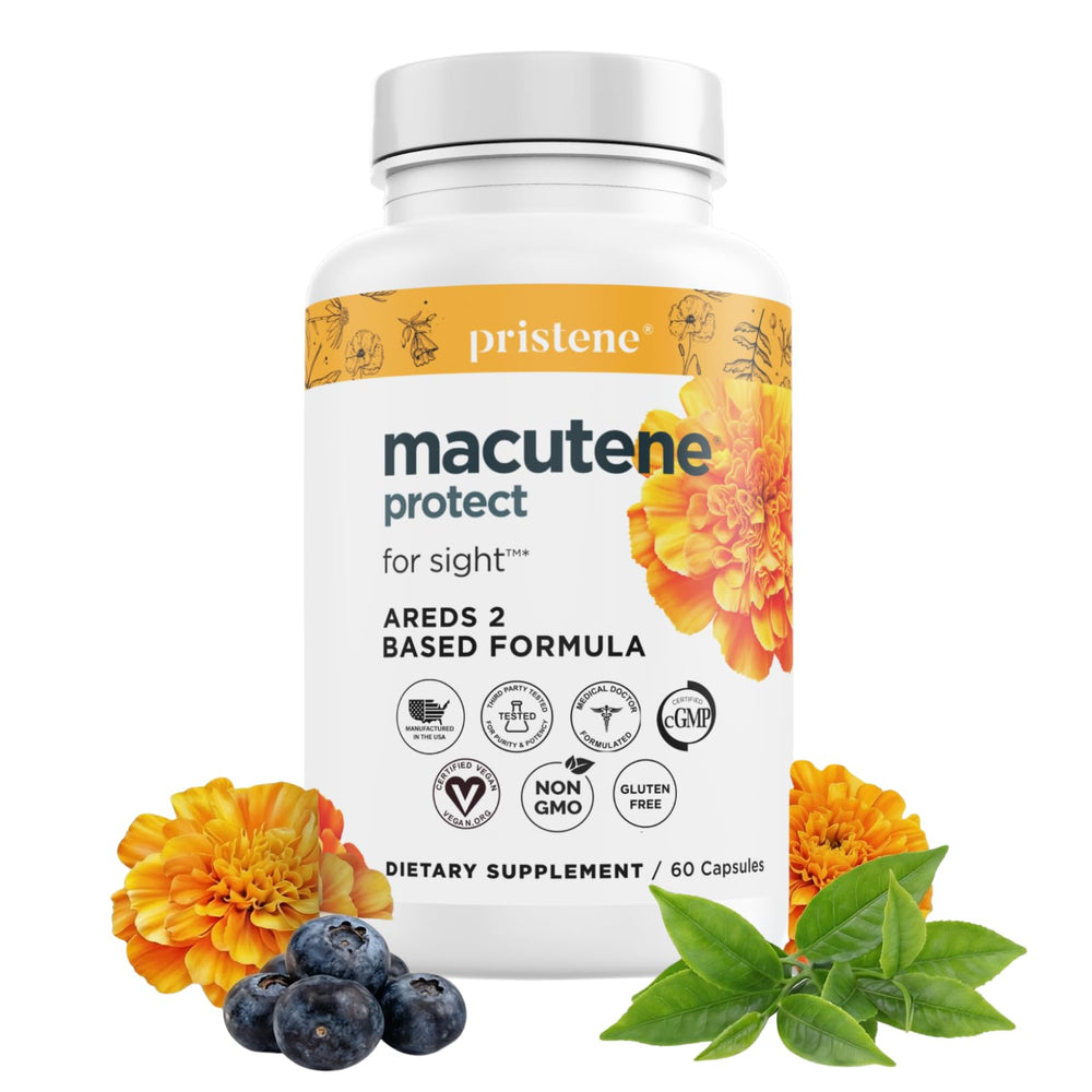 Pristene Macutene Protect bottle front view highlighting vegan, gluten-free, lab-tested formula for eye health