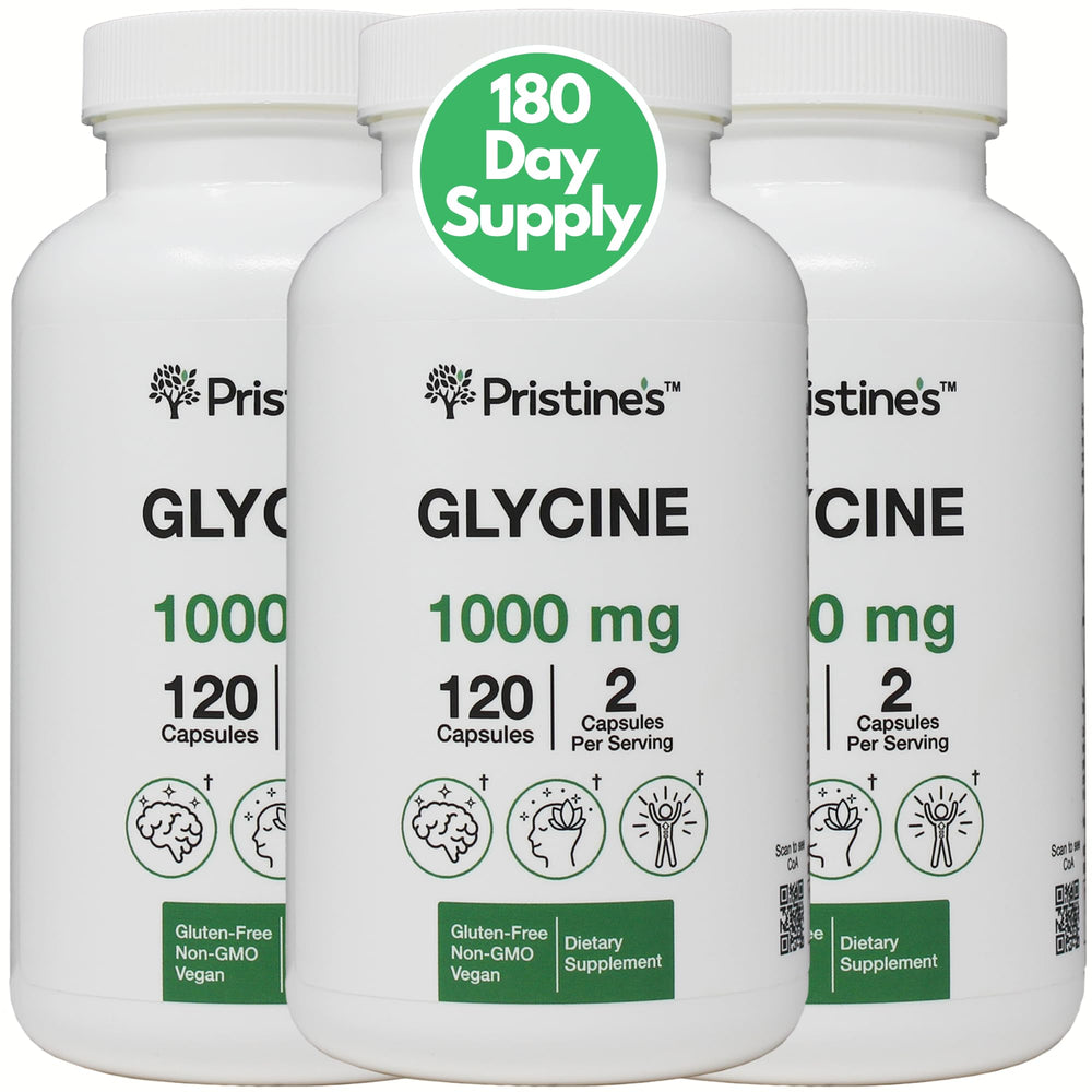 PRISTINE'S Glycine bottle front with 1000mg capsules for sleep support.