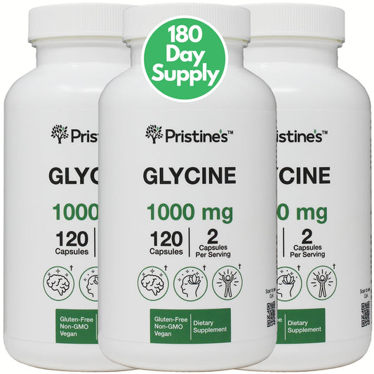 PRISTINE'S Glycine bottle front with 1000mg capsules for sleep support.