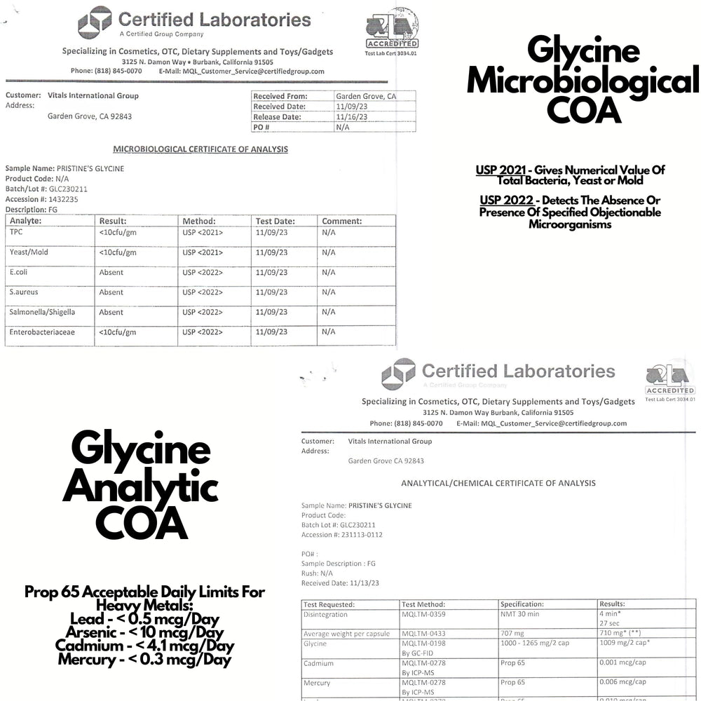 PRISTINE'S Glycine vegan and gluten-free badge emphasizing dietary compatibility.