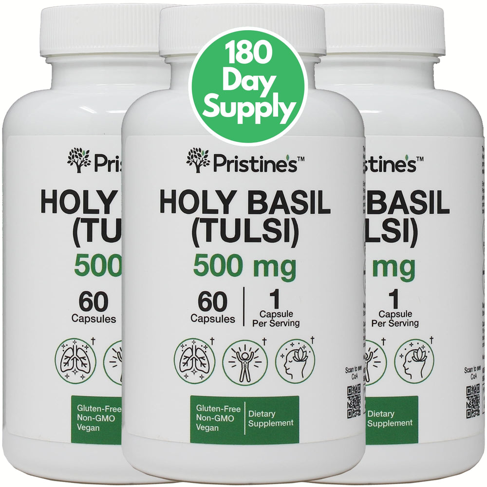PRISTINE'S Holy Basil 500 mg capsules in bottle for daily immune support