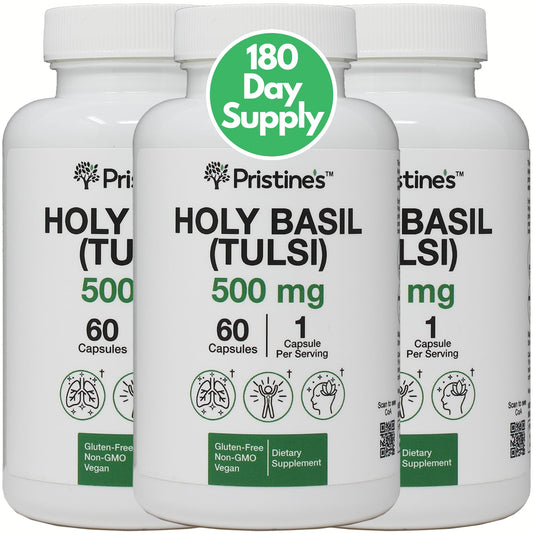 PRISTINE'S Holy Basil 500 mg capsules in bottle for daily immune support
