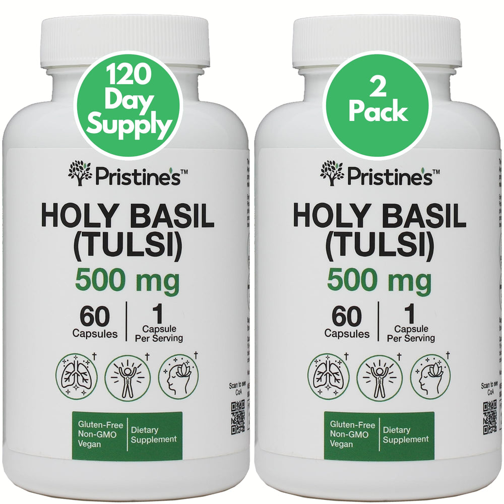 PRISTINE'S Holy Basil Tulsi bottle shows 500 mg capsules for daily wellness.