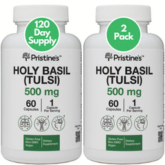 PRISTINE'S Holy Basil Tulsi bottle shows 500 mg capsules for daily wellness.
