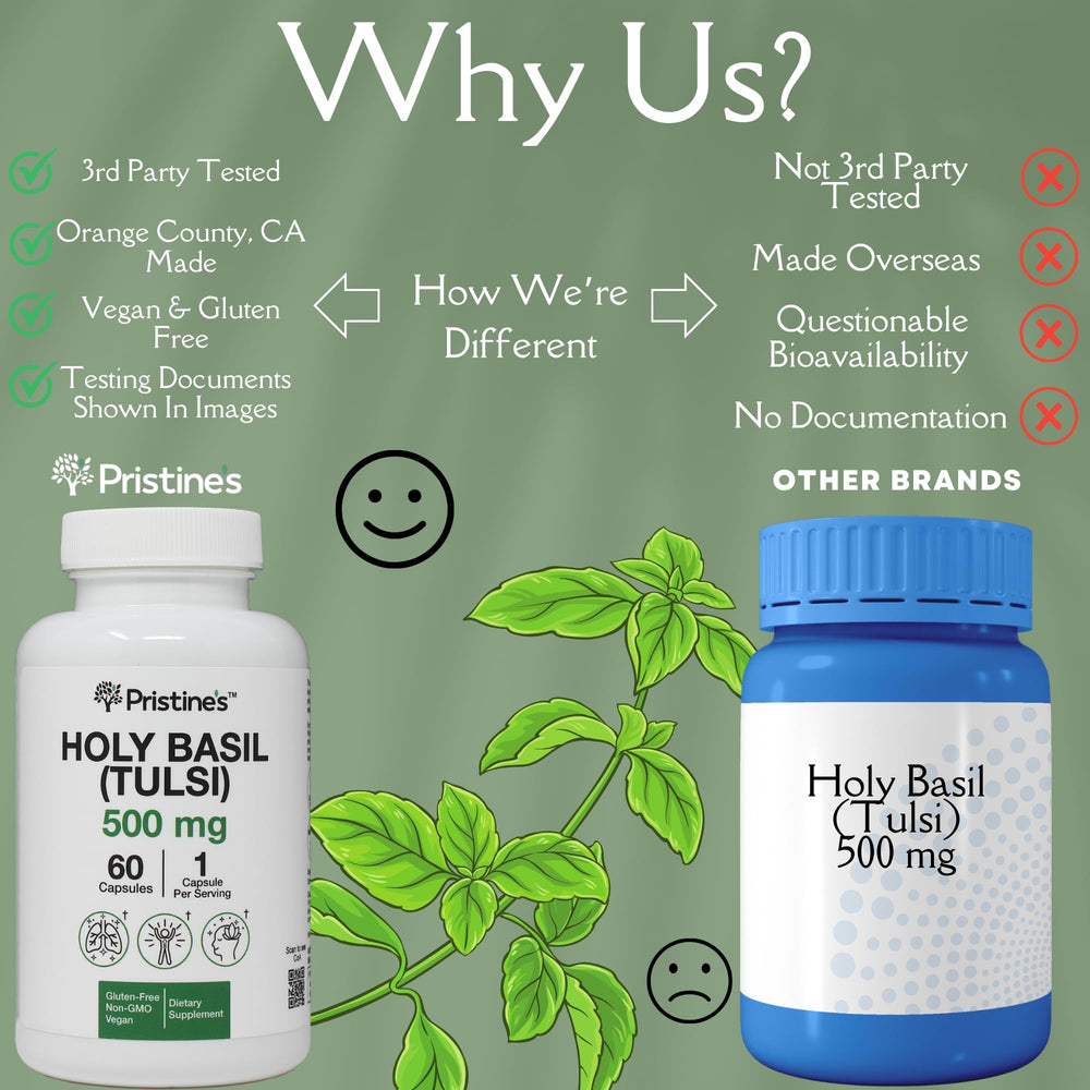 Capsule dispensing scene with PRISTINE'S Holy Basil Tulsi bottle