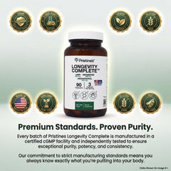 PRISTINE'S Longevity capsules closeup emphasizing NMN and antioxidant blend