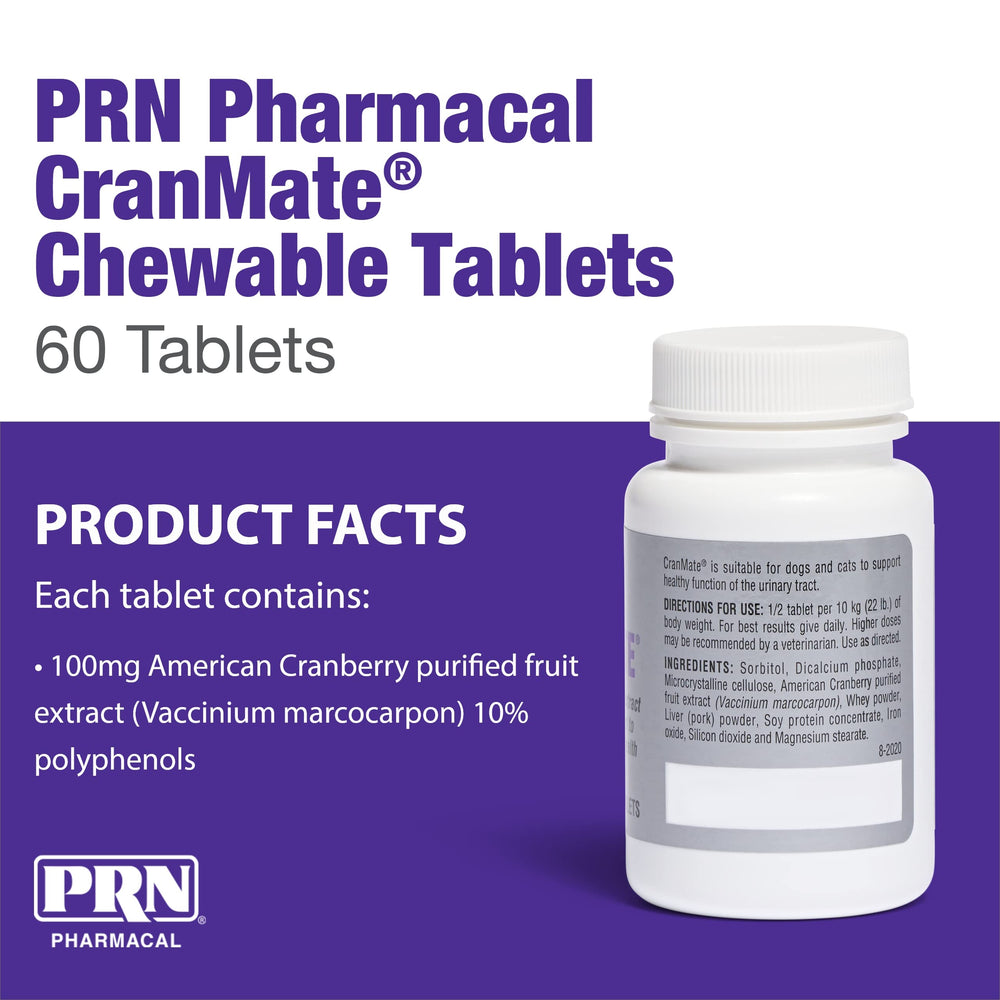 PRN CranMate bottle label close-up highlighting 100 mg American cranberry extract and polyphenols.