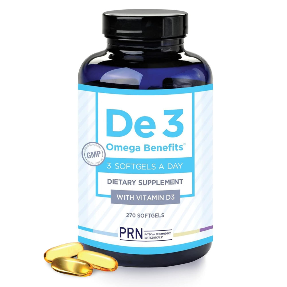 PRN De3 dry eye bottle and softgels for daily eye nutrition
