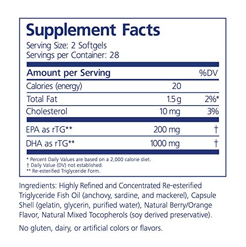 Nutrition label scan showing 1000 mg DHA and 200 mg EPA per serving.