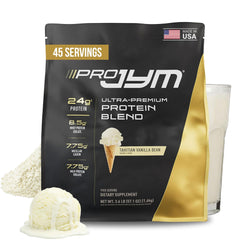 Pro JYM Tahitian Vanilla protein bottle with clear label for reliable muscle-building support