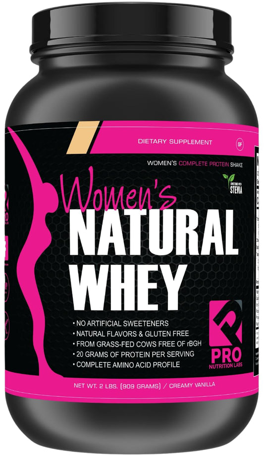 PRO NUTRITION LABS whey for women vanilla canister offers high-quality protein for workouts.