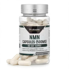 Probase NMN capsules close-up highlighting 500 mg dose and purity