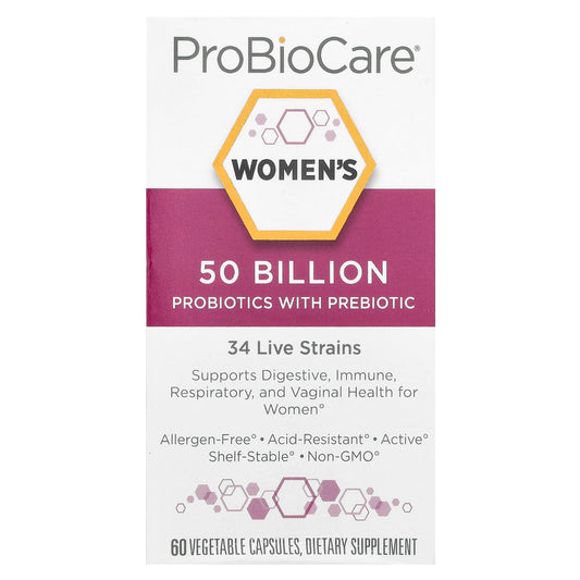 ProBioCare Women's Probiotic bottle pour highlighting high potency 50B CFUs for daily balance.