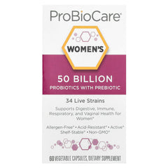 ProBioCare Women's Probiotic bottle pour highlighting high potency 50B CFUs for daily balance.