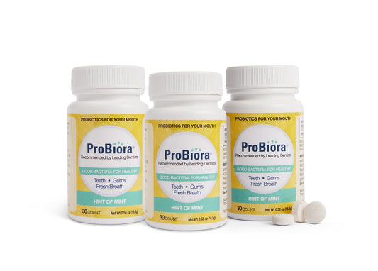 ProBiora Health packaging displaying probiotic tablets for daily oral care.