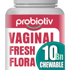 Probiotiv chewable vaginal probiotic bottle front strawberry flavor for daily freshness.