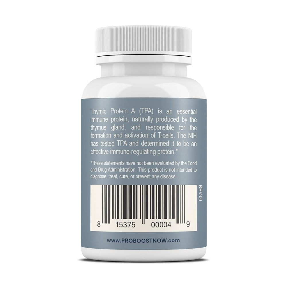 Ingredients panel for ProBoost Thymic Protein A Tablets showing non-GMO ingredients.