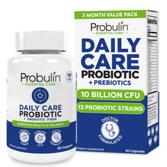 Probulin Daily Care bottle front showing vegan probiotic formula for daily digestion support.