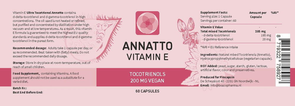 Procapsin annatto tocotrienols bottle shot, vegan vitamin E for convenient daily use.