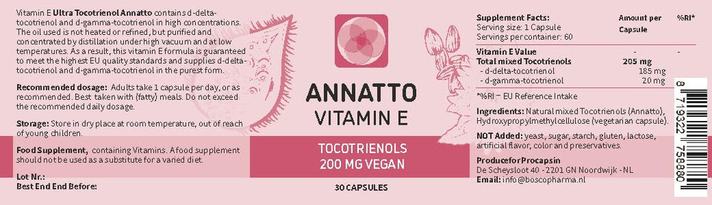 Procapsin Annatto Tocotrienols capsule closeup highlighting pure vegan vitamin E