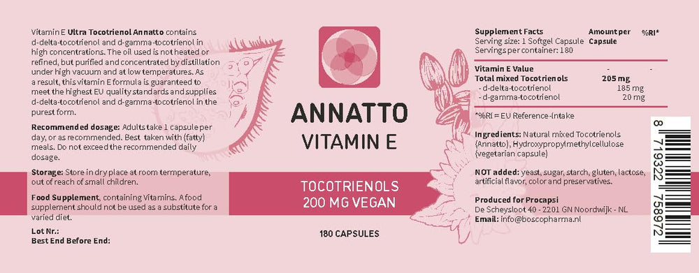 Procapsin Annatto Tocotrienols capsules—tocopherol-free vegan Vitamin E option.