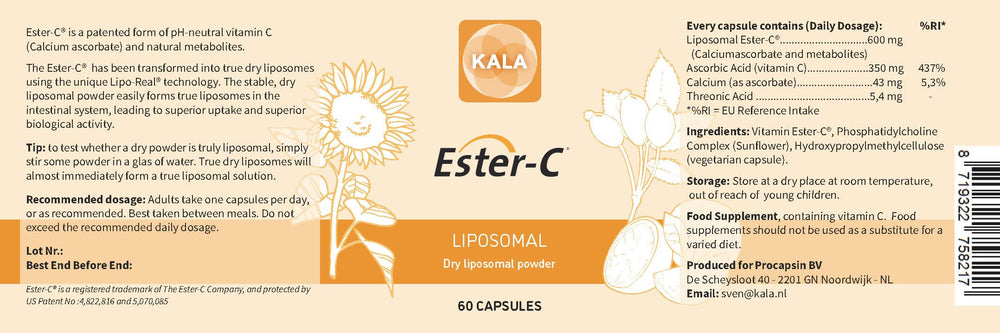 Procapsin Liposomal Ester C capsules highlighting gentle, stomach-friendly vitamin C