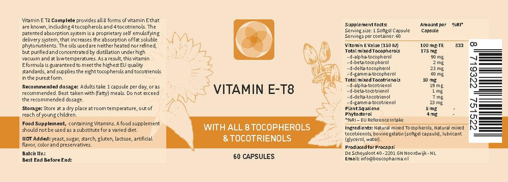 Procapsin ingredients panel displays all eight tocopherols and tocotrienols in a premium vitamin E blend.