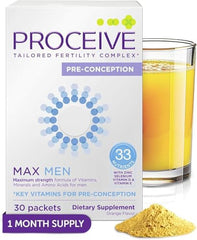 Proceive Max Men bottle pouring orange powder for daily fertility support.