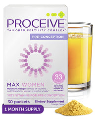 Proceive Max Women orange packet ready to mix for preconception support.