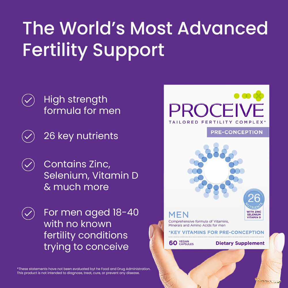 Proceive Men capsules closeup; vegan formula with zinc and folate.
