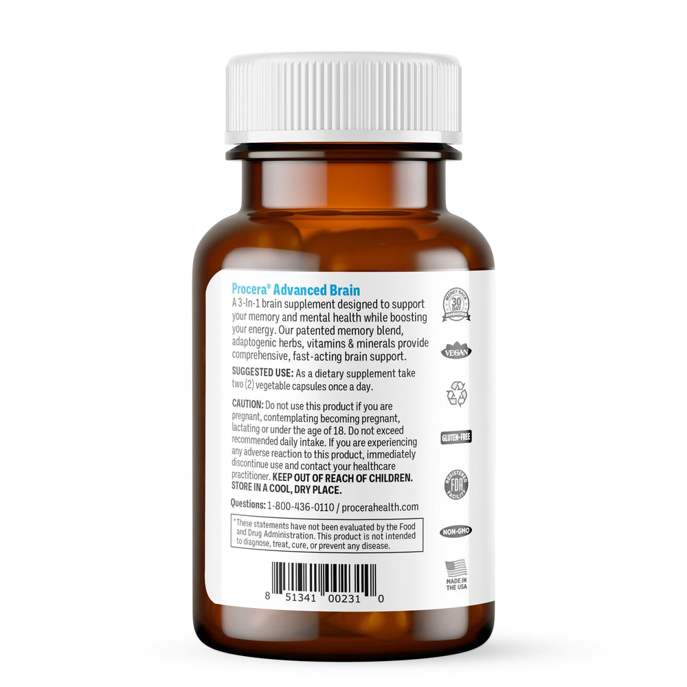 Procera Advanced Brain bottle pour scene highlighting easy capsule intake and focus