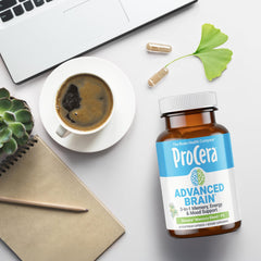 Study desk scene with Procera Advanced Brain illustrating recall and organization during exams or meetings.
