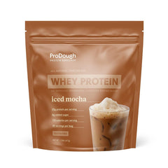 ProDough Gourmet Whey ISO Iced Mocha tub offers 25g protein per serving.