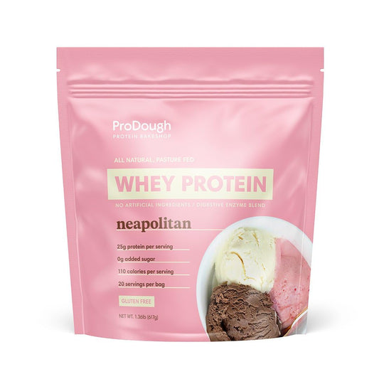 ProDough Gourmet Whey Isolate bag shows premium protein for daily shakes