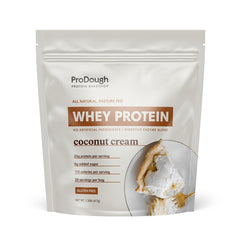 ProDough Gourmet Whey Isolate Coconut Cream bag highlights gluten-free, keto-friendly protein.