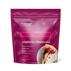 ProDough Gourmet Whey Isolate Raspberry Cheesecake bag ready for quick shakes