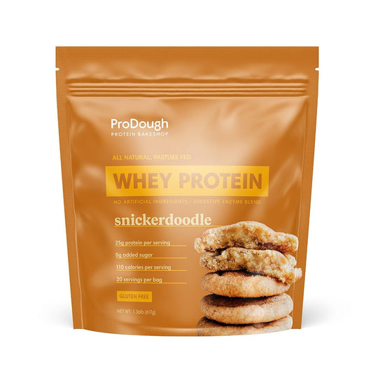 ProDough Gourmet Whey Isolate Snickerdoodle jar for daily shakes