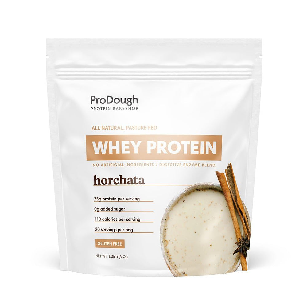 ProDough Horchata whey protein tub highlights gourmet flavor and 25g protein per serving.