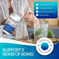 Product Maxx hyaluronic acid and Vitamin C bottle highlights skin hydration support.
