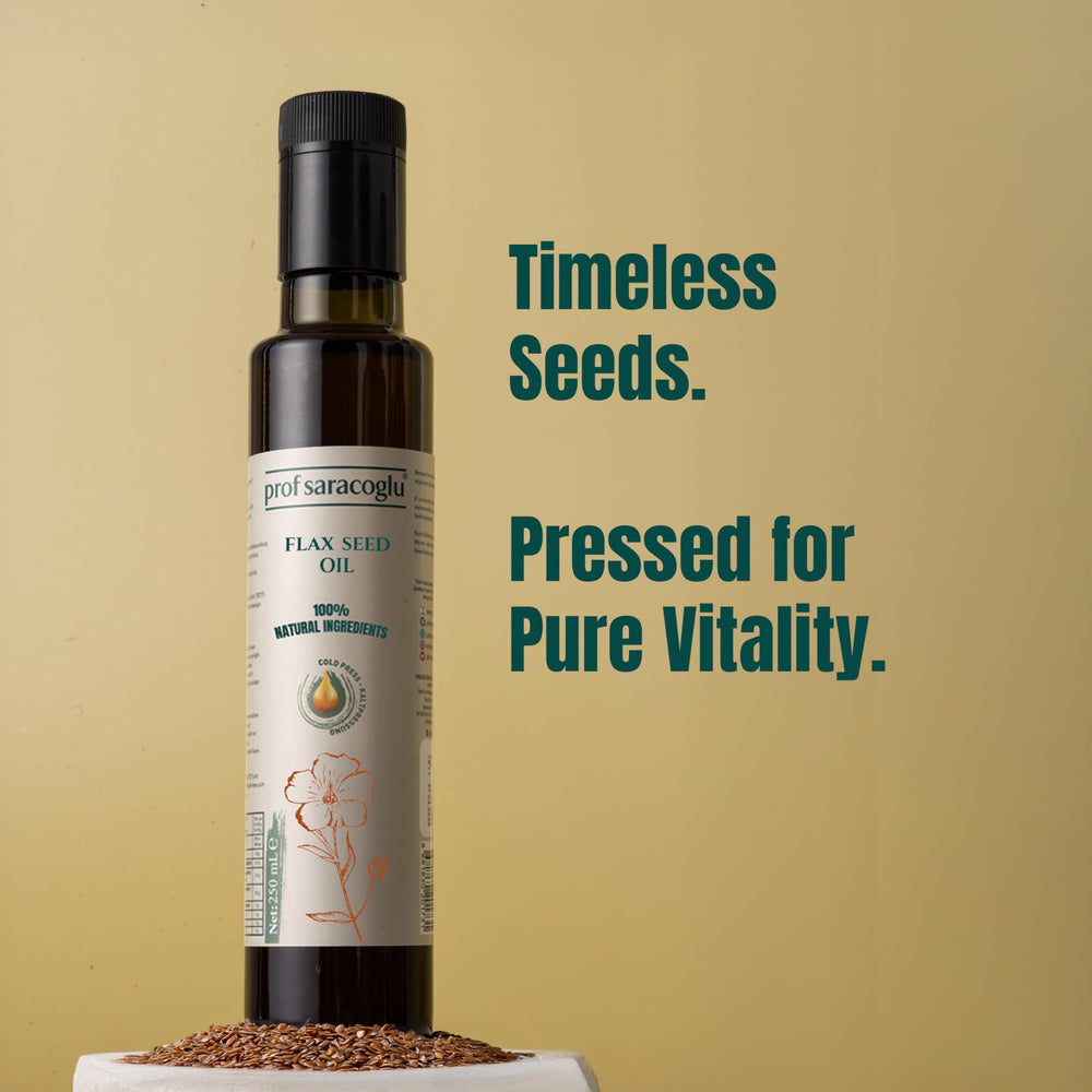 Prof Saracoglu flaxseed oil glistening with a nutty aroma.
