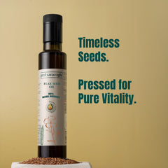 Prof Saracoglu flaxseed oil glistening with a nutty aroma.