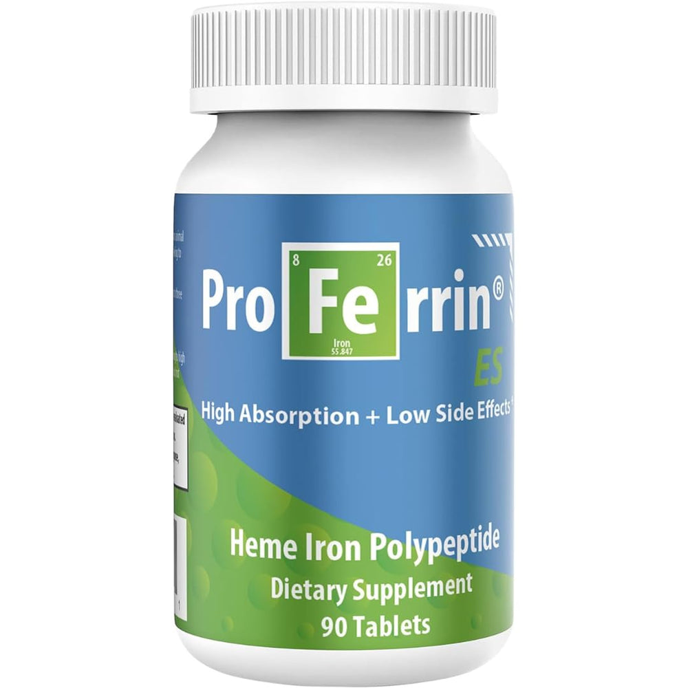 Proferrin ES bottle and label showing USA-made heme iron supplement.