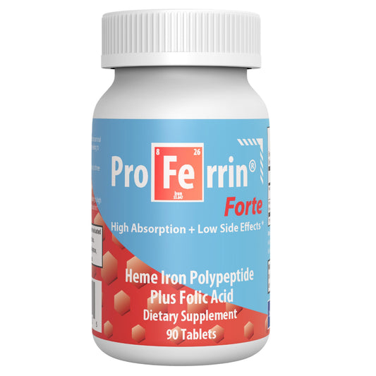Proferrin Forte bottle front view showing 90 tablets for daily iron support